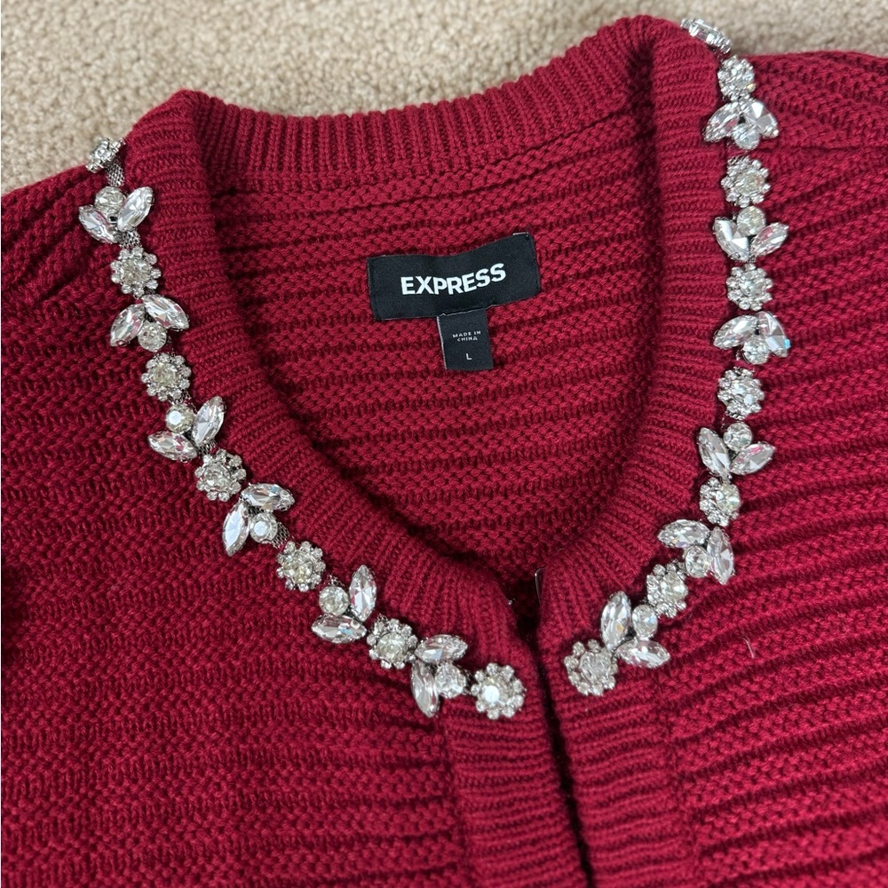 Express Red‎ Jewel Embellished Holiday Christmas Cardigan Sweater Women’s L